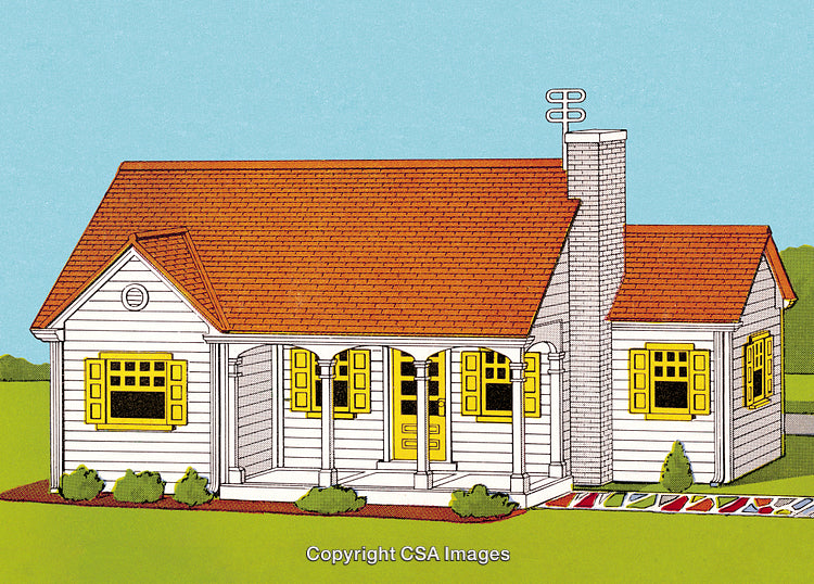 Charming Cottage with Yellow Shutters and Red Roof Surrounded by Greenery