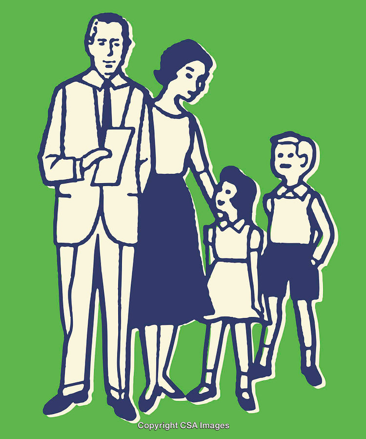Vintage Family Illustration in Blue and Green Minimalist Style Artwork