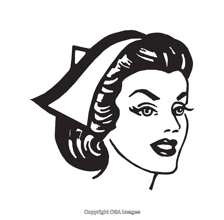 Vintage Black and White Illustration of a Nurse's Face in Line Art Style