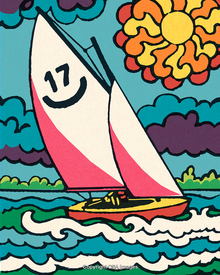 Vivid Artwork of a Sailboat on the Ocean with a Vibrant Sun
