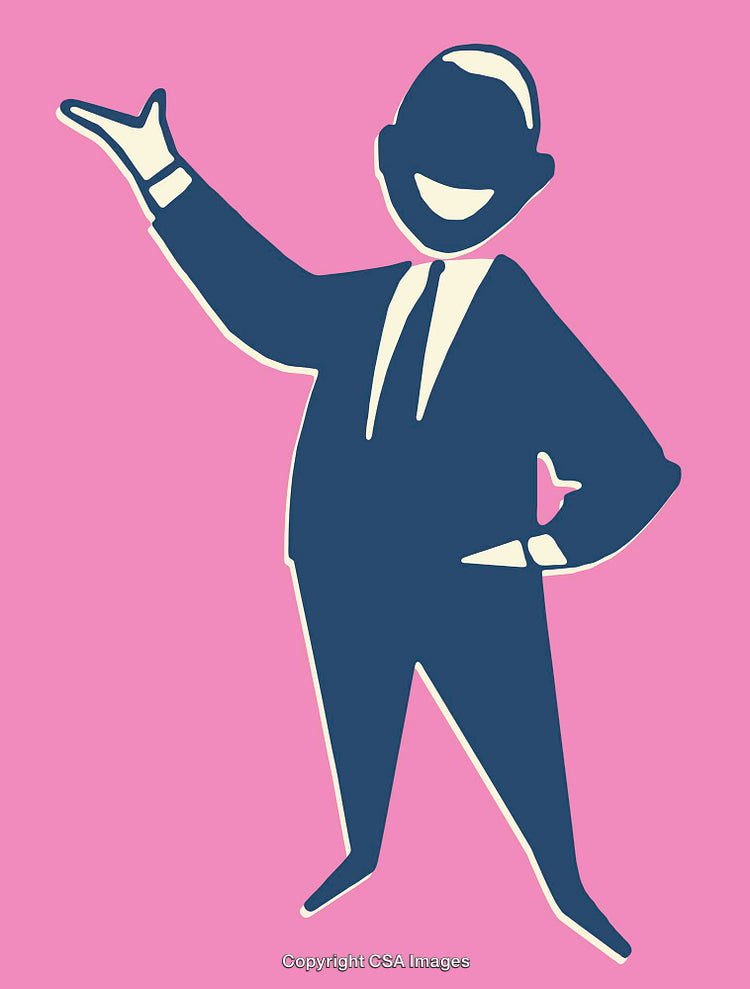 Retro Line Art Illustration of a Happy Businessman on Pink Background