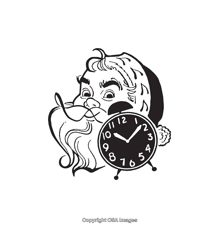 Black and White Santa Illustration with Alarm Clock Icon
