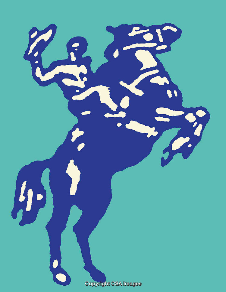 Abstract Blue Horse and Rider Illustration on Teal Background