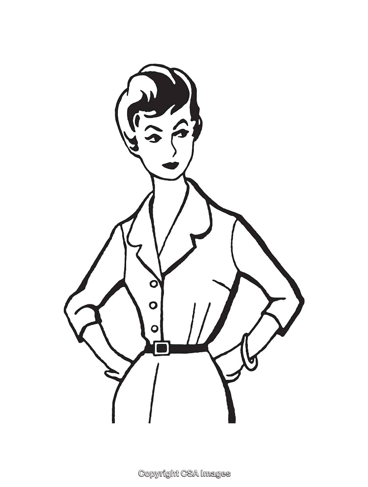 Vintage Black and White Illustration of a Stylish Woman in Line Art