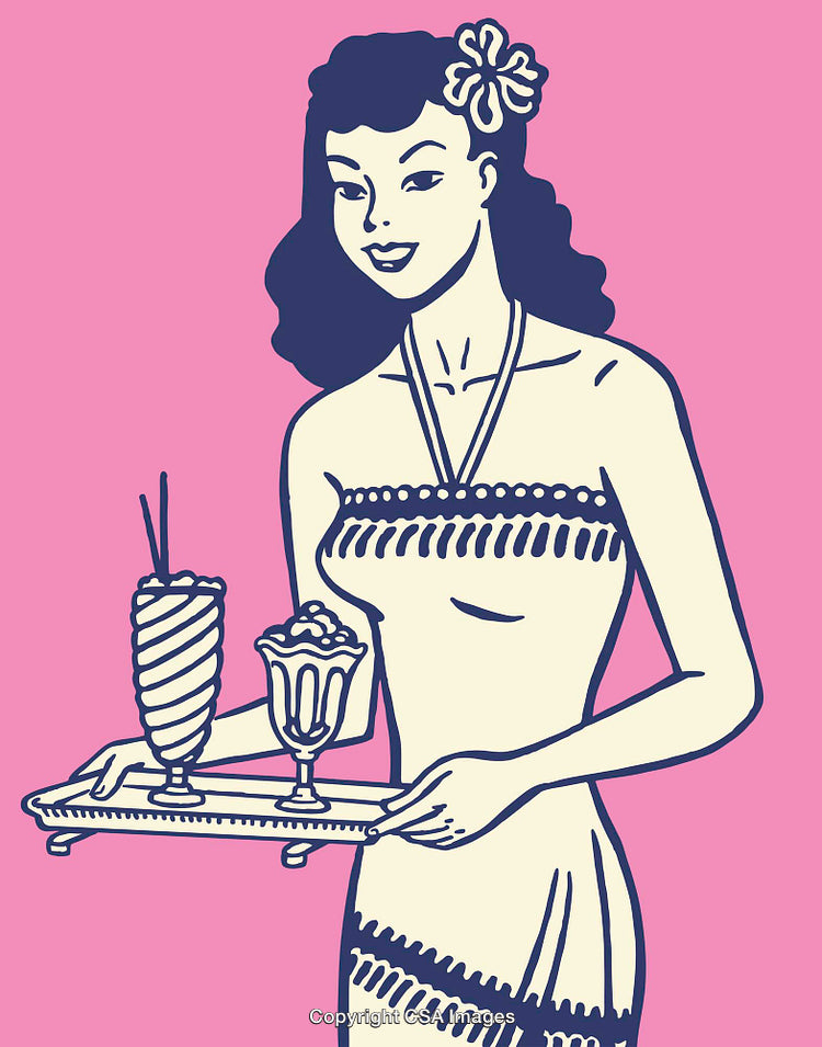 Retro Style Illustration of a Woman Holding a Tray With Desserts