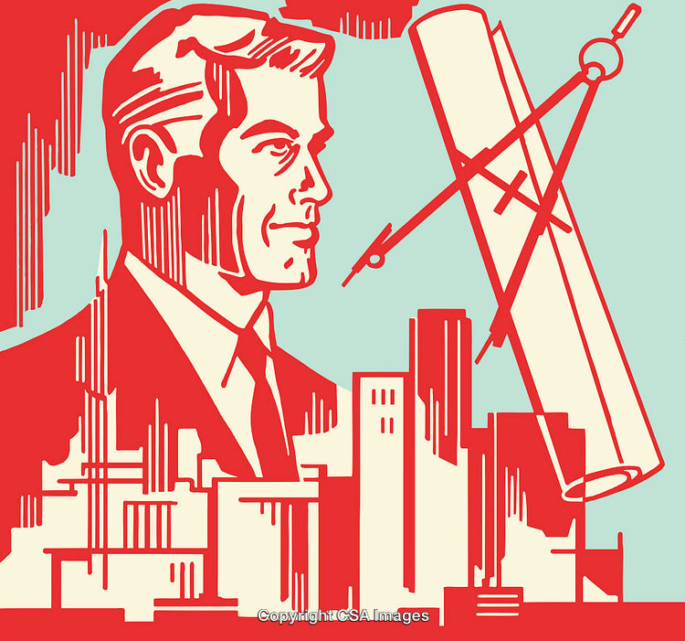 Architectural Visionary Surrounded by Urban Design Symbols in Line Art Style