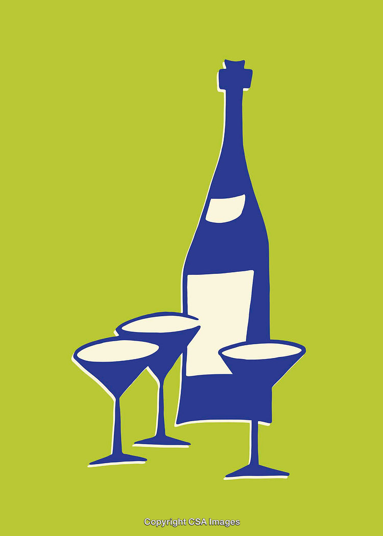Stylized Illustration of Beverage Bottles and Glasses in Vibrant Colors