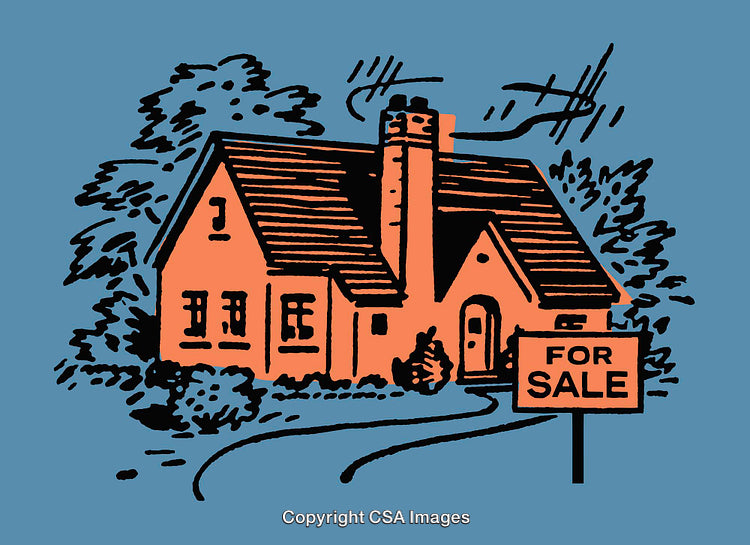 Charming Line Art Illustration of a Cottage with a For Sale Sign