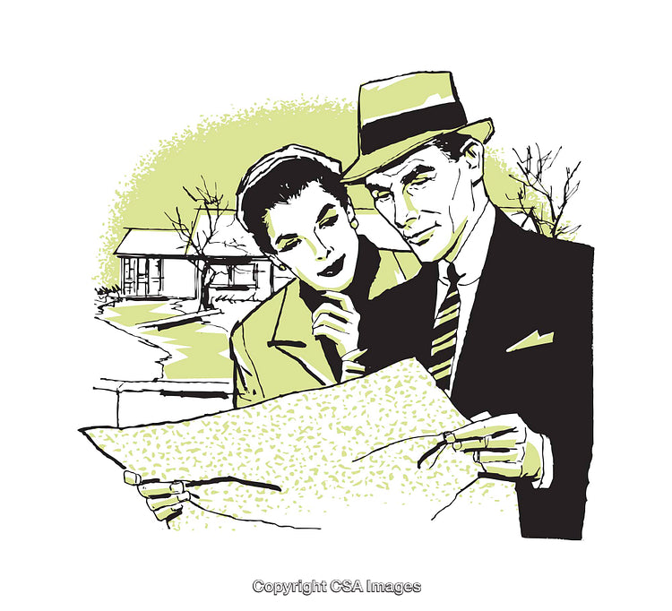 Retro Illustration of a Couple Analyzing Blueprints near a House