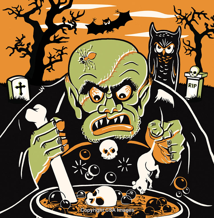 Illustration of a Green Monster Cooking in a Spooky Halloween Setting