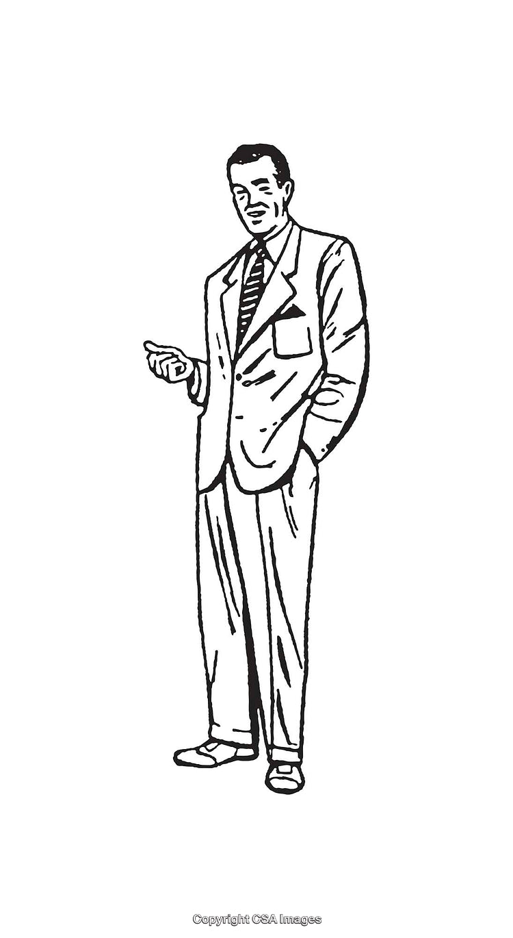 Black and White Line Art of Man in Business Attire with Confident Pose