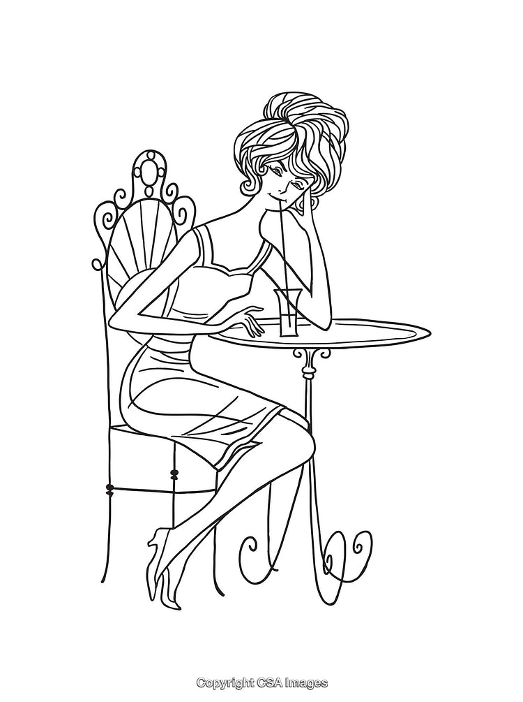 Elegant Line Art Illustration of a Woman Relaxing at a Cafe Table