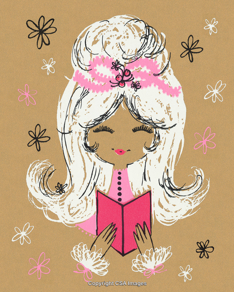 Vintage Styled Illustration of a Girl Reading a Book with Floral Details