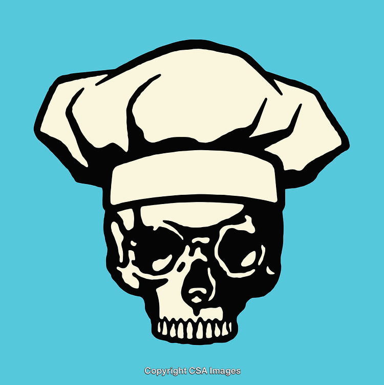 Colorful Illustration of Skull Wearing Chef Hat on Vibrant Background