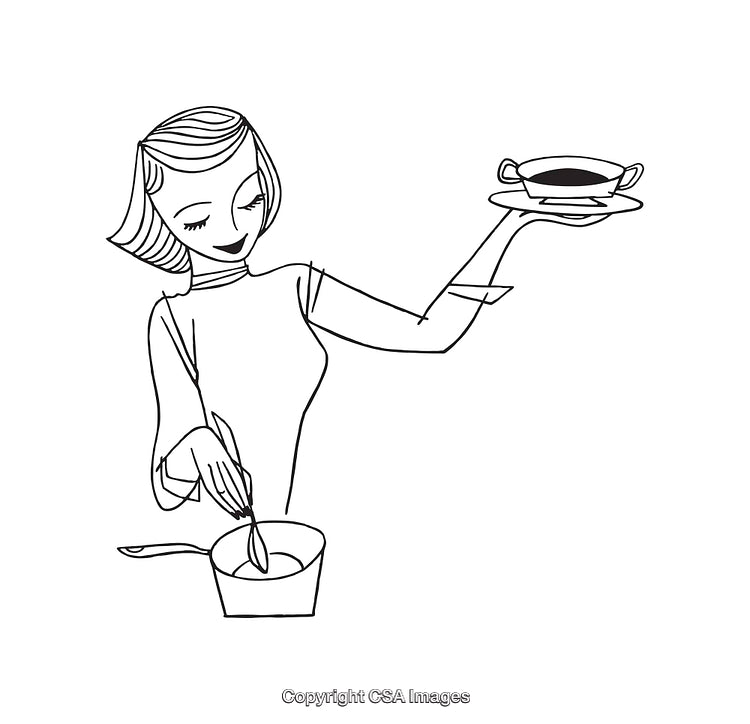 Black and White Line Art Illustration of Woman Cooking and Serving Food