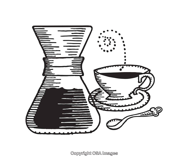 Black and White Line Art Illustration of Coffee Pot and Cup
