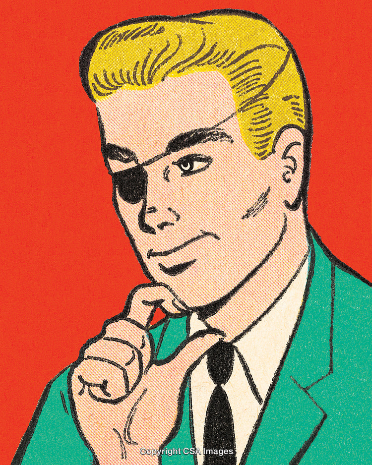 Retro Comic Style Portrait of Man With Eye Patch and Thoughtful Expression