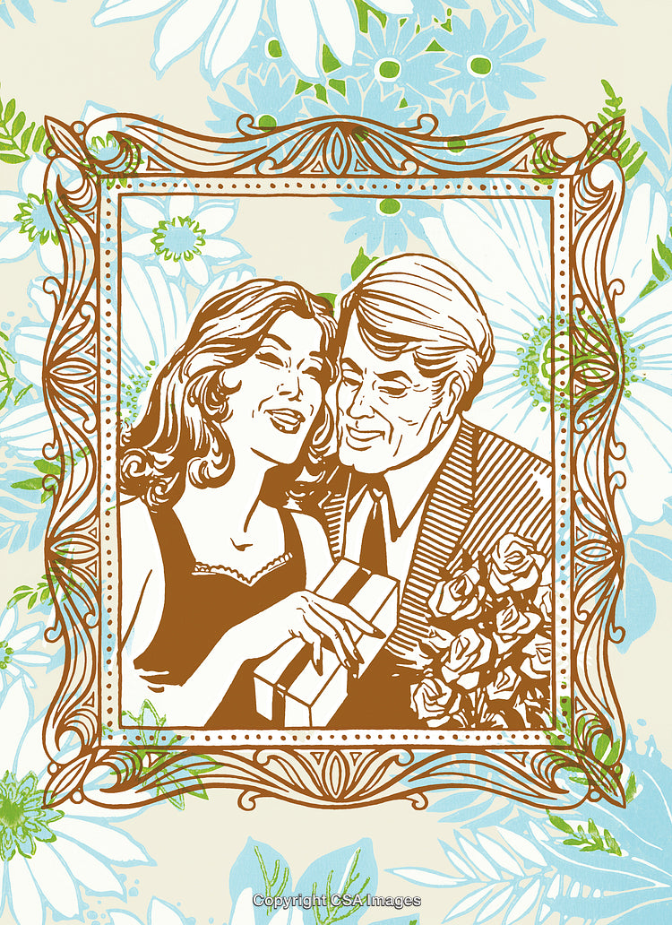 Vintage Illustration of a Couple Sharing a Romantic Gift in a Floral Frame