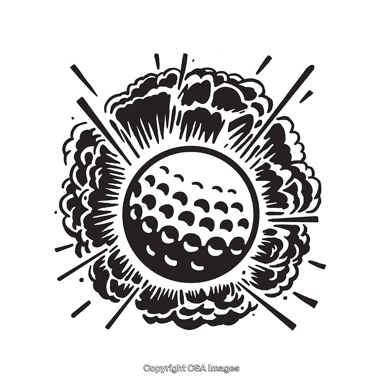 Explosive Black and White Line Art of a Golf Ball Impact