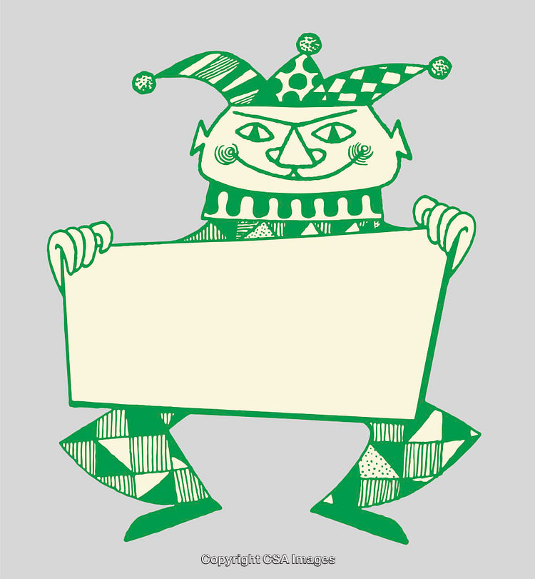 Colorful Jester Illustration with Blank Banner for Text Display