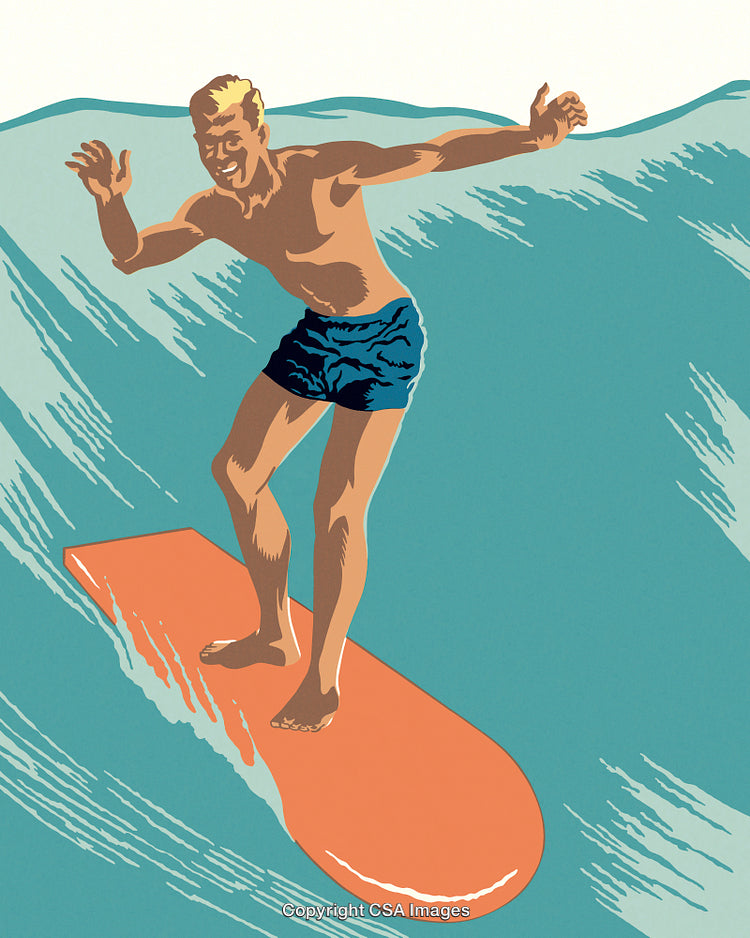 Retro Style Illustration of a Surfer Catching a Wave on the Ocean
