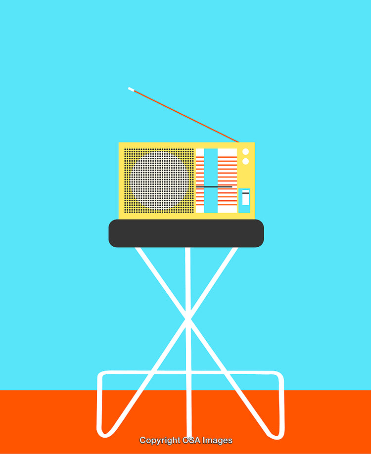 Minimalist Illustration of a Yellow Retro Radio on a Table in Colorful Setting