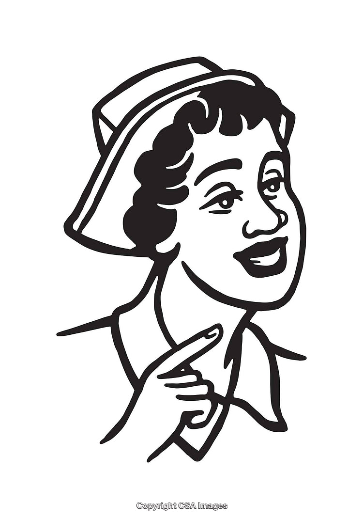 Retro Black and White Line Art of Smiling Woman with Finger Raised