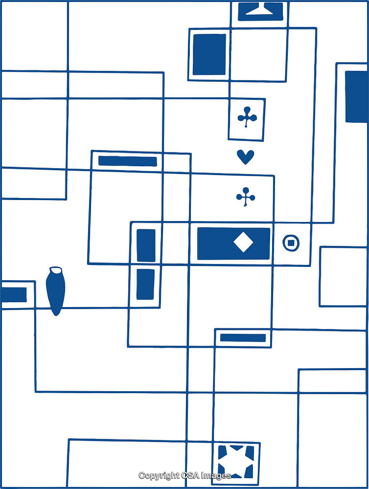 Abstract Geometric Design Featuring Blue Shapes and Playful Patterns on a White Background