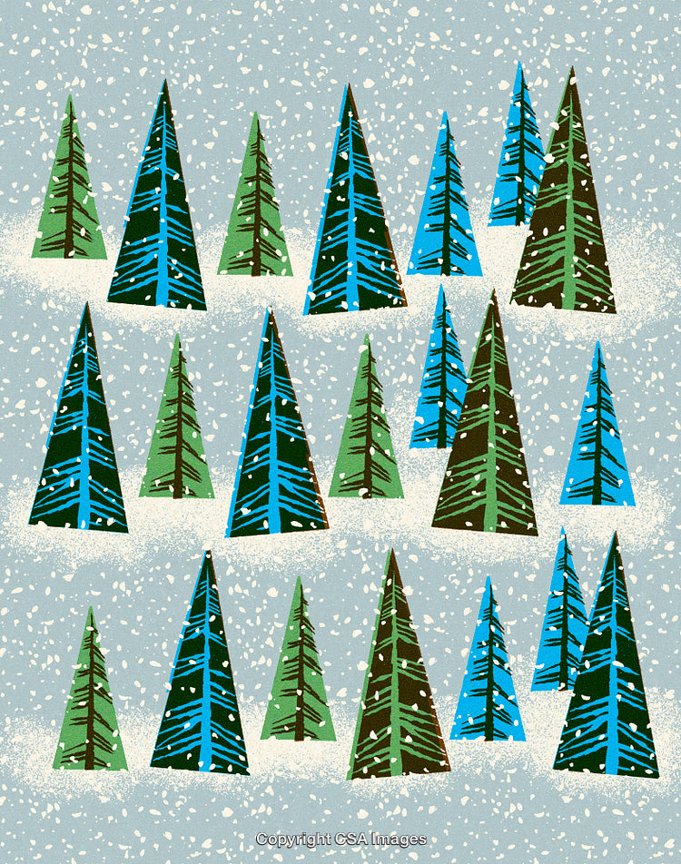 Stylized Evergreen Forest Covered in Snowflakes With a Winter Wonderland Vibe