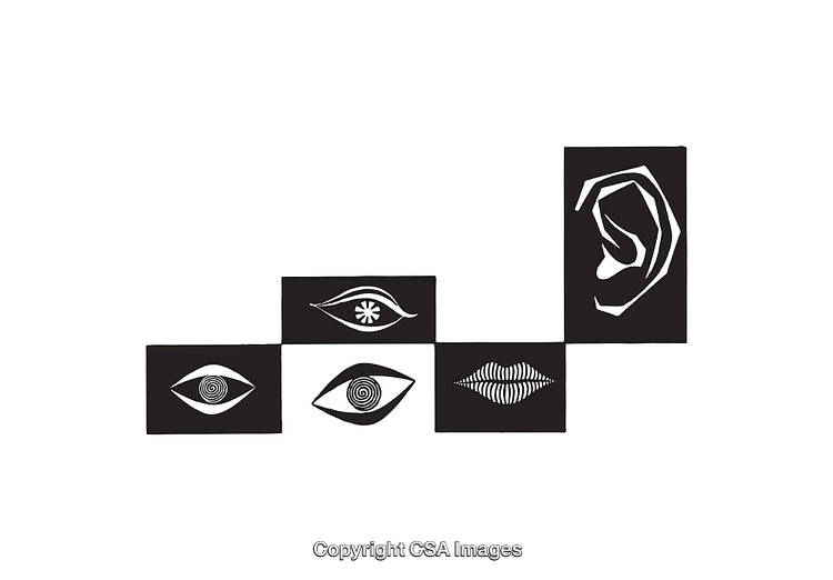 Black and White Line Art Illustrations of Eye, Ear, and Mouth Symbols