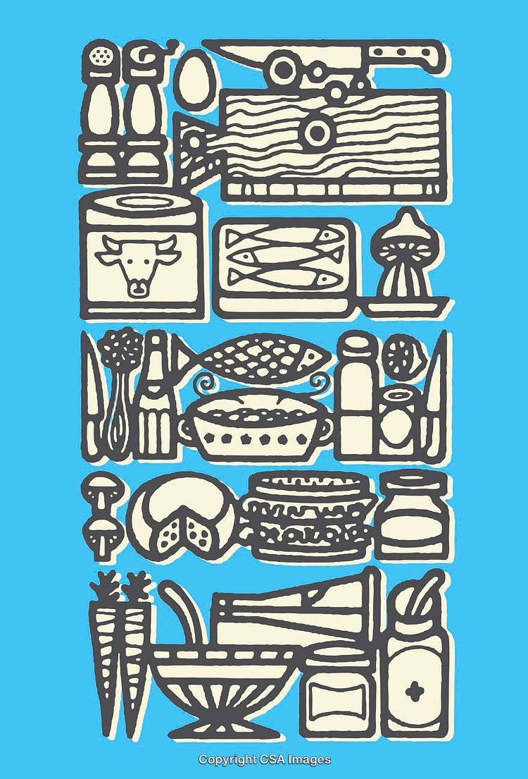 Color Line Art Illustration of Kitchen and Cooking Ingredients on Blue Background