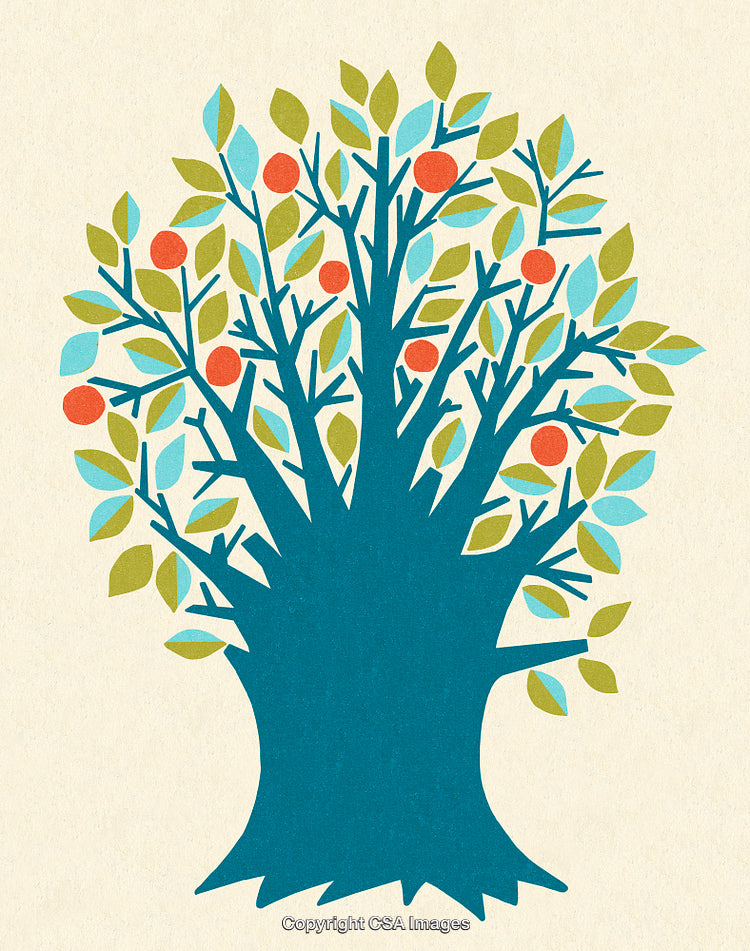 Colorful Abstract Tree Illustration with Red Fruits and Green Leaves