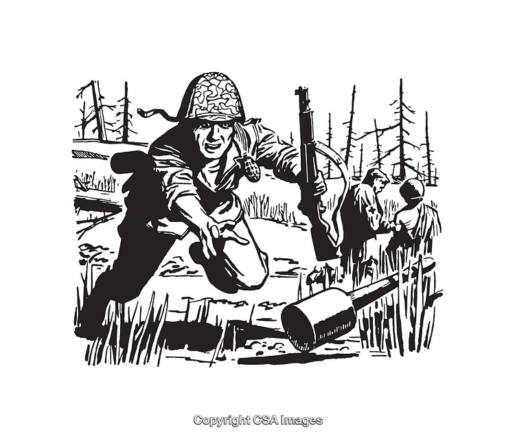 Vintage Black and White Illustration of Military Soldiers in Battlefield