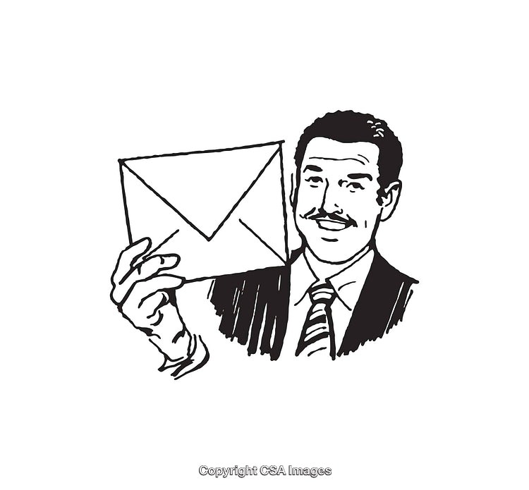 Black-And-White Illustration of a Man Holding an Envelope with a Smile