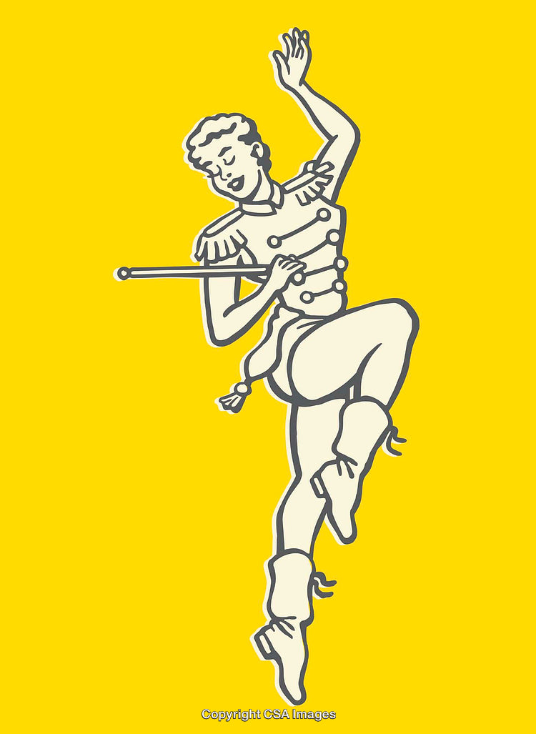 Colorful Line Art of Cheerful Performer in Dynamic Pose with Yellow Background