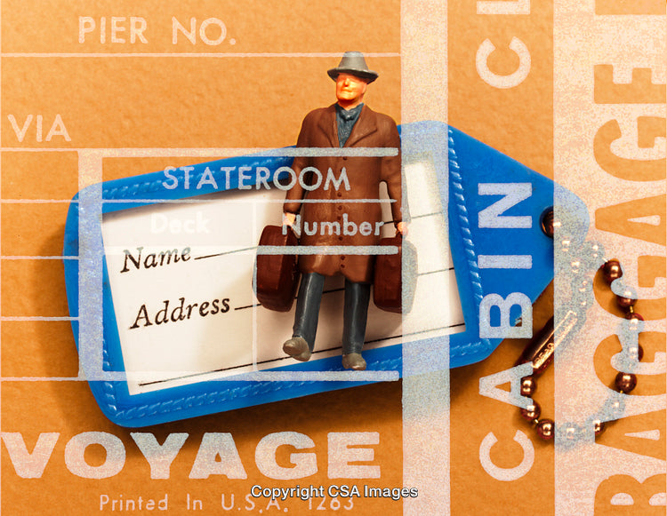 Miniature Traveler Figure on Luggage Tag with Overlay Graphics and Text