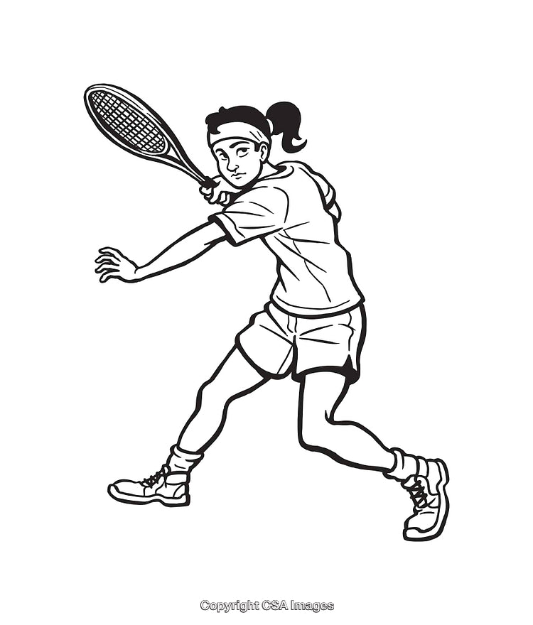 Black and White Line Art Illustration of a Woman Playing Tennis