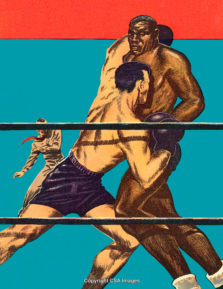 Retro-Styled Illustration of Boxers Sparring in a Vibrant Boxing Ring Scene