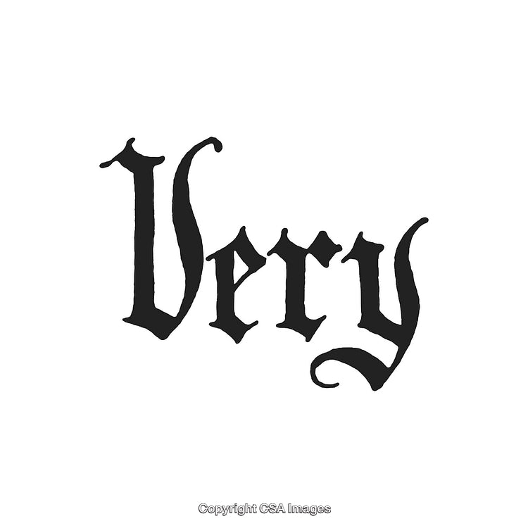 Artistic Black Gothic Typeface Depicting Word 'Very' on White Background