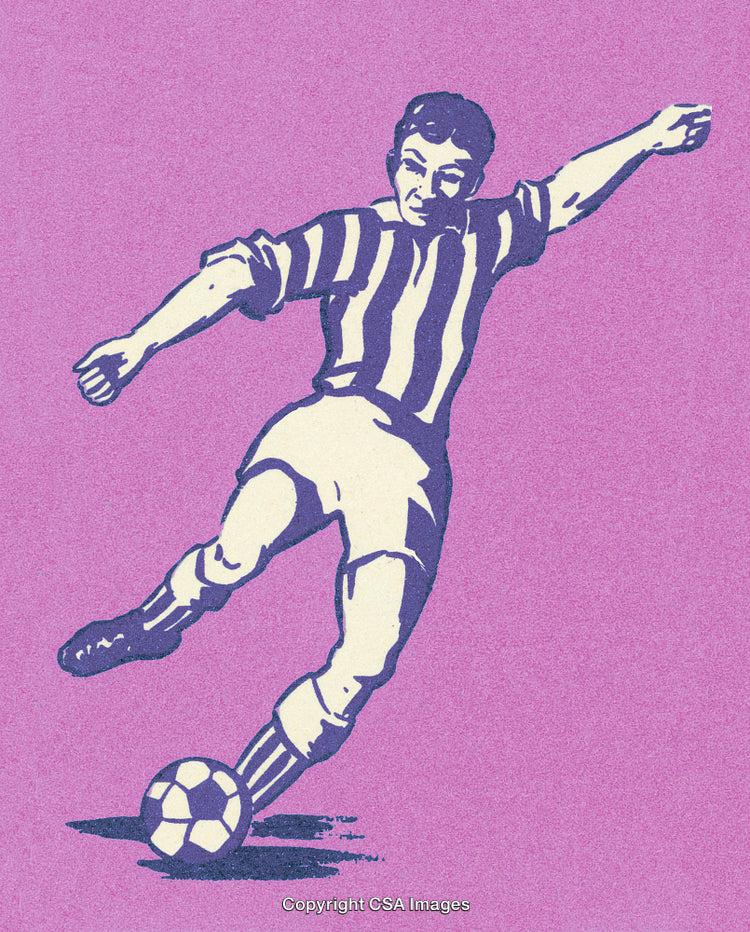 Vintage Illustration of Soccer Player Kicking the Ball on Vibrant Purple Background