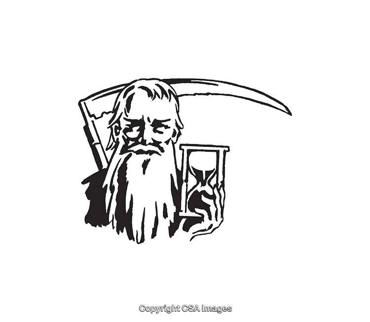 Black and White Line Art Illustration of Grim Reaper with Hourglass