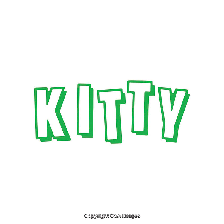 Kitty Text Illustration in Green Outlined Block Letters on White Background
