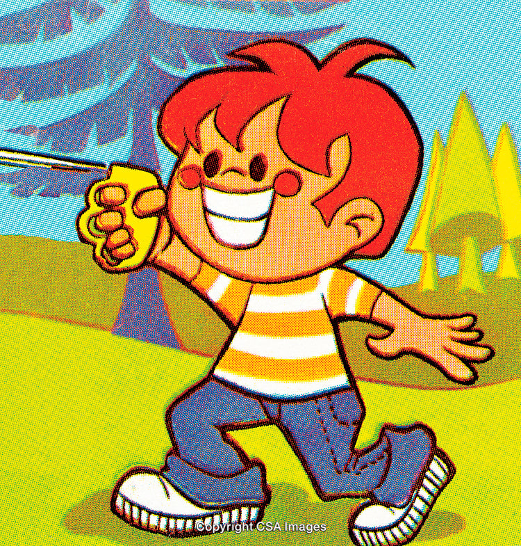 Cheerful Cartoon Boy Skipping Outdoors in a Vibrant Forest Setting