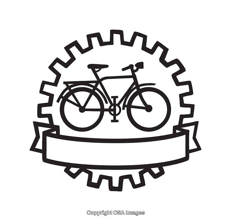 Black and White Line Art Logo Featuring a Bicycle Inside a Gear Shape