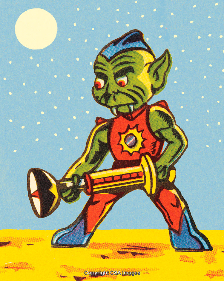 Vintage Illustration of a Green Alien Holding a Sci-Fi Blaster Under Moonlight