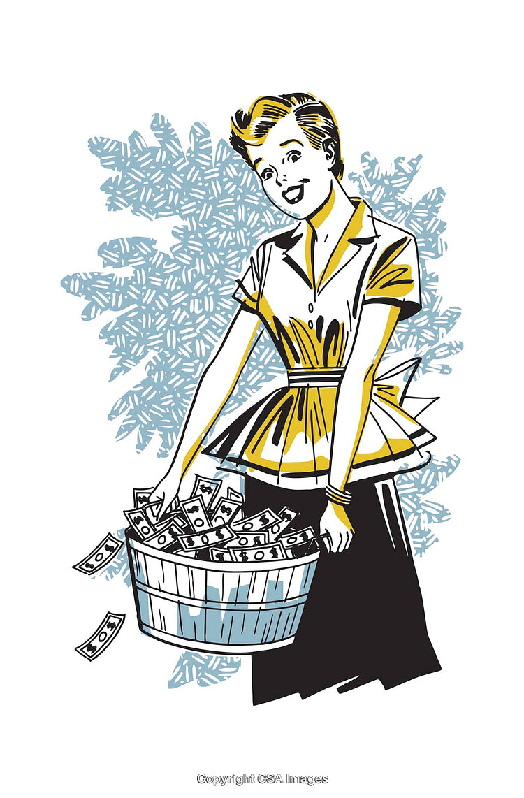 Retro Comic Illustration of a Joyful Woman with a Bucket of Money
