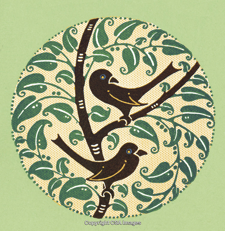 Whimsical Birds Perched on Branches Encircled by Leafy Green Foliage