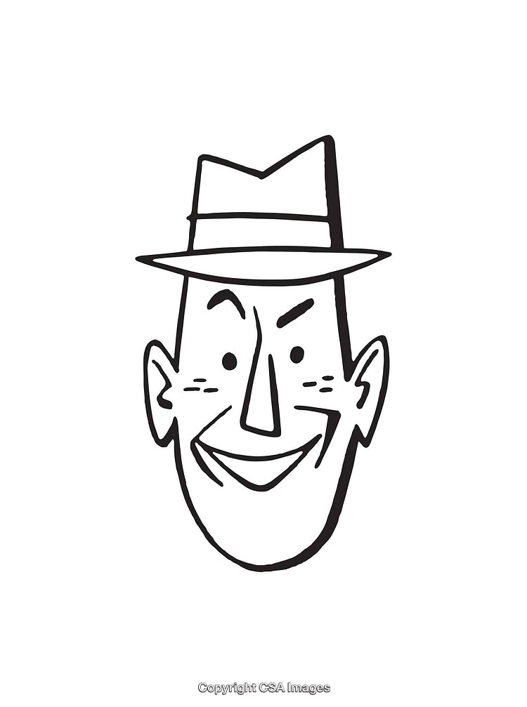 Black and White Line Art of Smiling Cartoon Man in a Hat