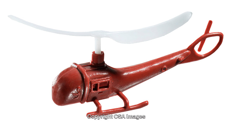 Red Plastic Toy Helicopter with Moving Blades Isolated on White Background