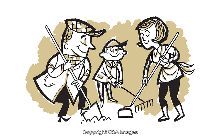 Charming Illustration of Family Gardening Together with Tools